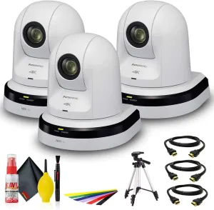 Panasonic 20x Zoom 4K PTZ Camera with 3G/HD/SD-SDI & HDMI Output and NDI (White) (AW-UN70WPJ)   Full-Size Tripod   Deluxe Cleaning Set   3 x HDMI Cable   Tie Straps -Triple Camera Bundle
