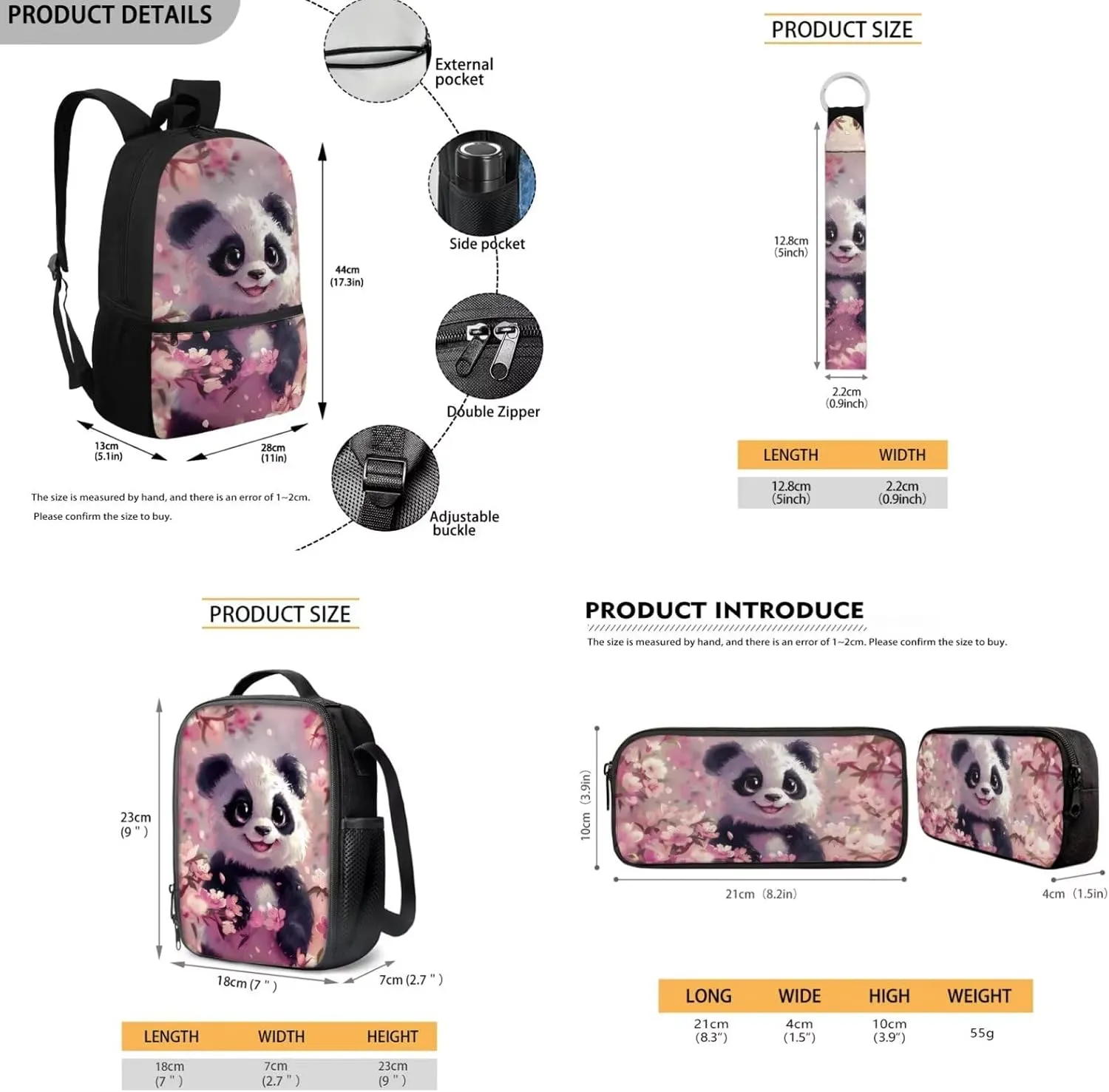 Panda Backpack for School Large Capacity 17 Inch Elementary Girl Bookbag and Lunch Box Set 4 Piece Middle School Book Bags 6th Grade Girls Mochilas Para Niñas