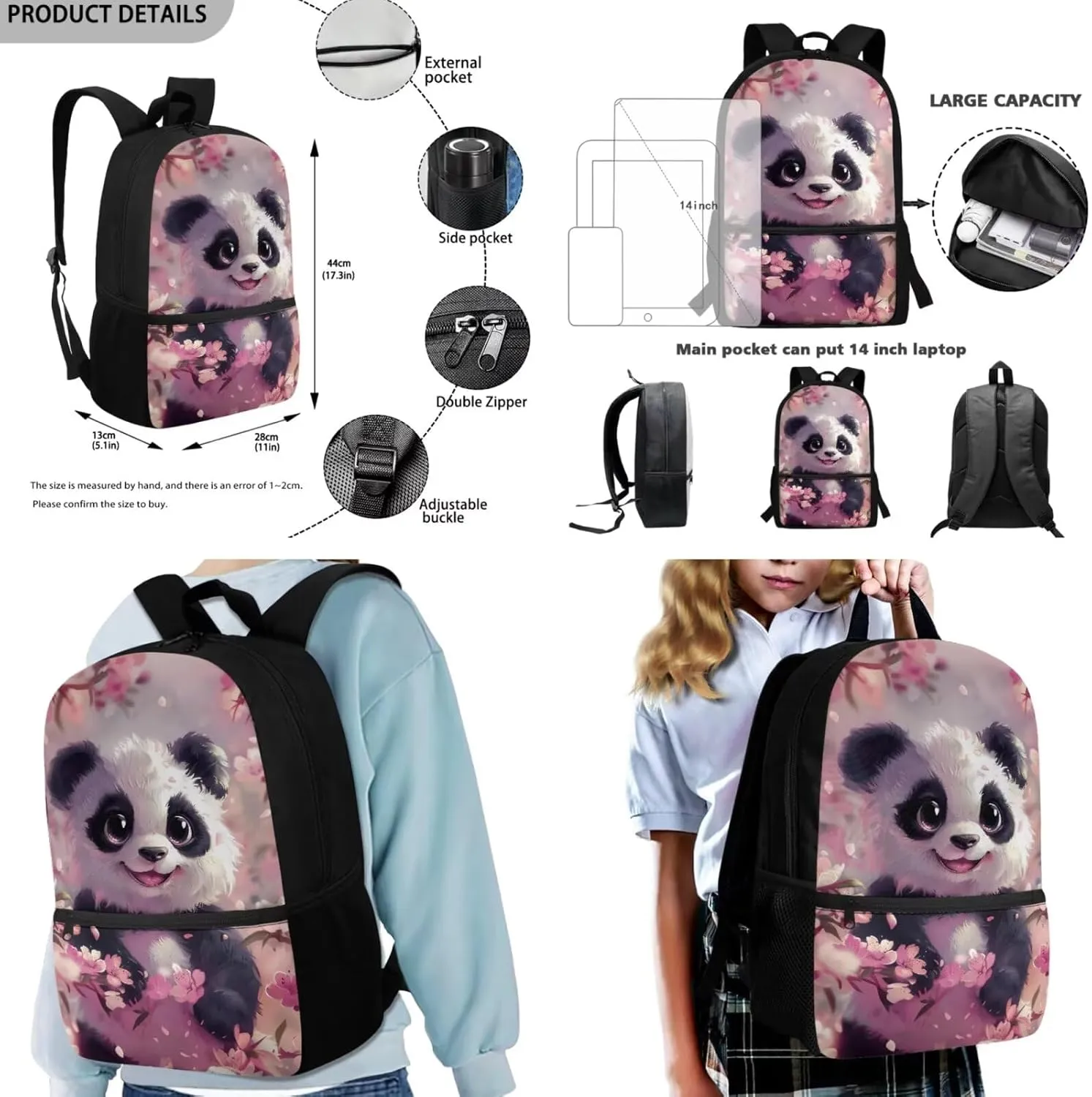 Panda Backpack for School Large Capacity 17 Inch Elementary Girl Bookbag and Lunch Box Set 4 Piece Middle School Book Bags 6th Grade Girls Mochilas Para Niñas