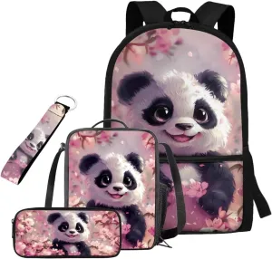 Panda Backpack for School Large Capacity 17 Inch Elementary Girl Bookbag and Lunch Box Set 4 Piece Middle School Book Bags 6th Grade Girls Mochilas Para Niñas