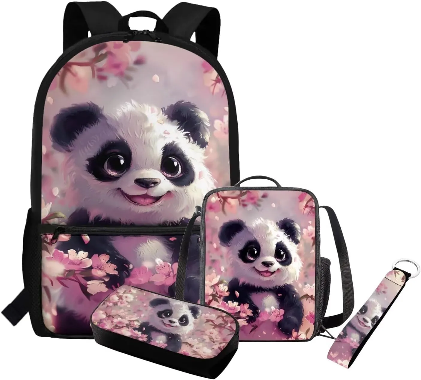 Panda Backpack for School Large Capacity 17 Inch Elementary Girl Bookbag and Lunch Box Set 4 Piece Middle School Book Bags 6th Grade Girls Mochilas Para Niñas