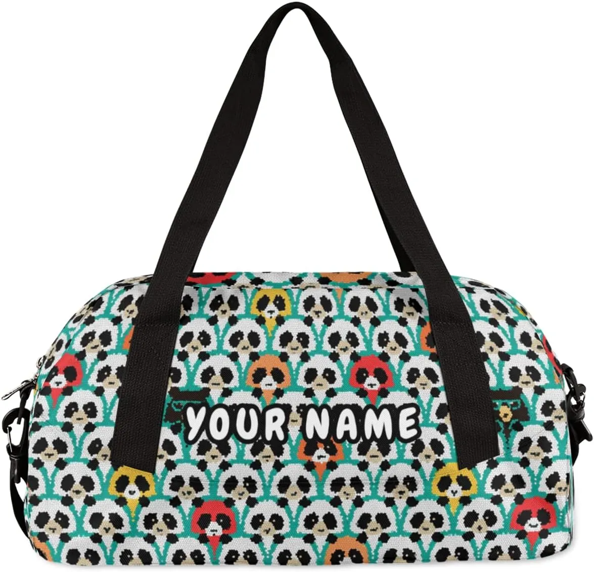 Panda Cartoon Personalized Kids Duffel Bag for Girls Boys, Panda Debris Custom Name Dance Bag Overnight Small Duffel Bag Carry On Weekend Sports Travel Bag for School Practice Gymnastics Ballet