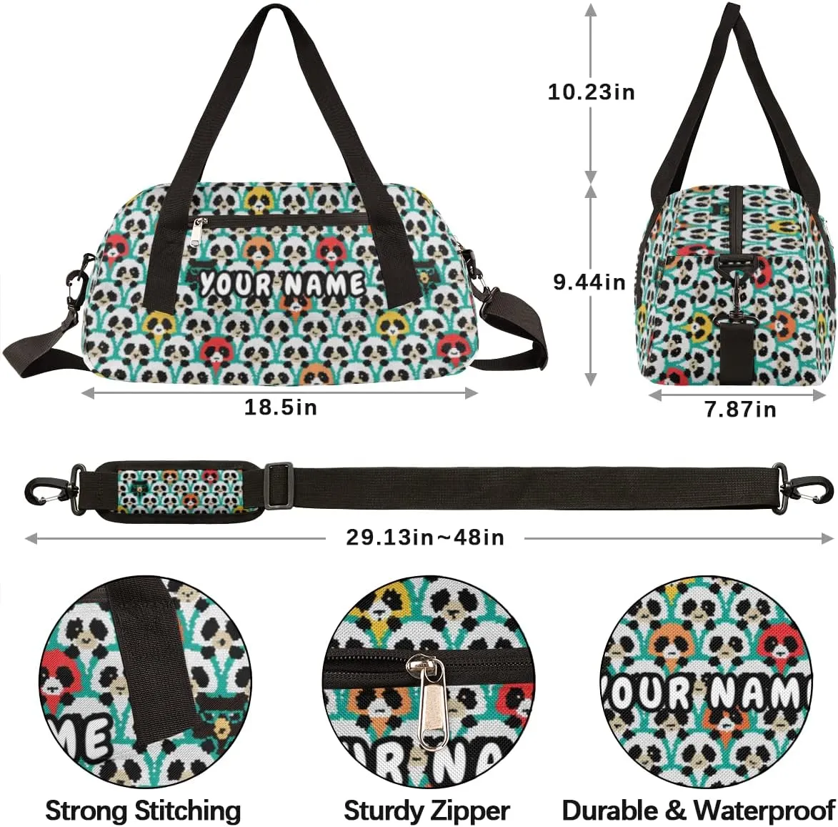 Panda Cartoon Personalized Kids Duffel Bag for Girls Boys, Panda Debris Custom Name Dance Bag Overnight Small Duffel Bag Carry On Weekend Sports Travel Bag for School Practice Gymnastics Ballet