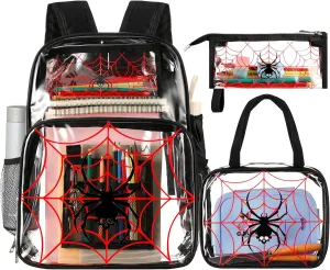 Paterr 3 Pcs Girls Boys Clear Backpack for Kid Rainbow Cloud Spider Architecture Ribbon Stadium Approved Backpack(Spider,Black)