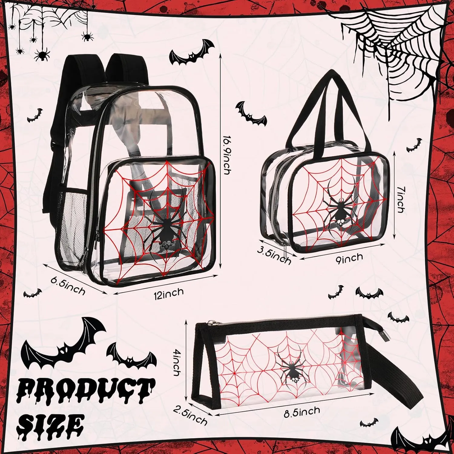 Paterr 3 Pcs Girls Boys Clear Backpack for Kid Rainbow Cloud Spider Architecture Ribbon Stadium Approved Backpack(Spider,Black)