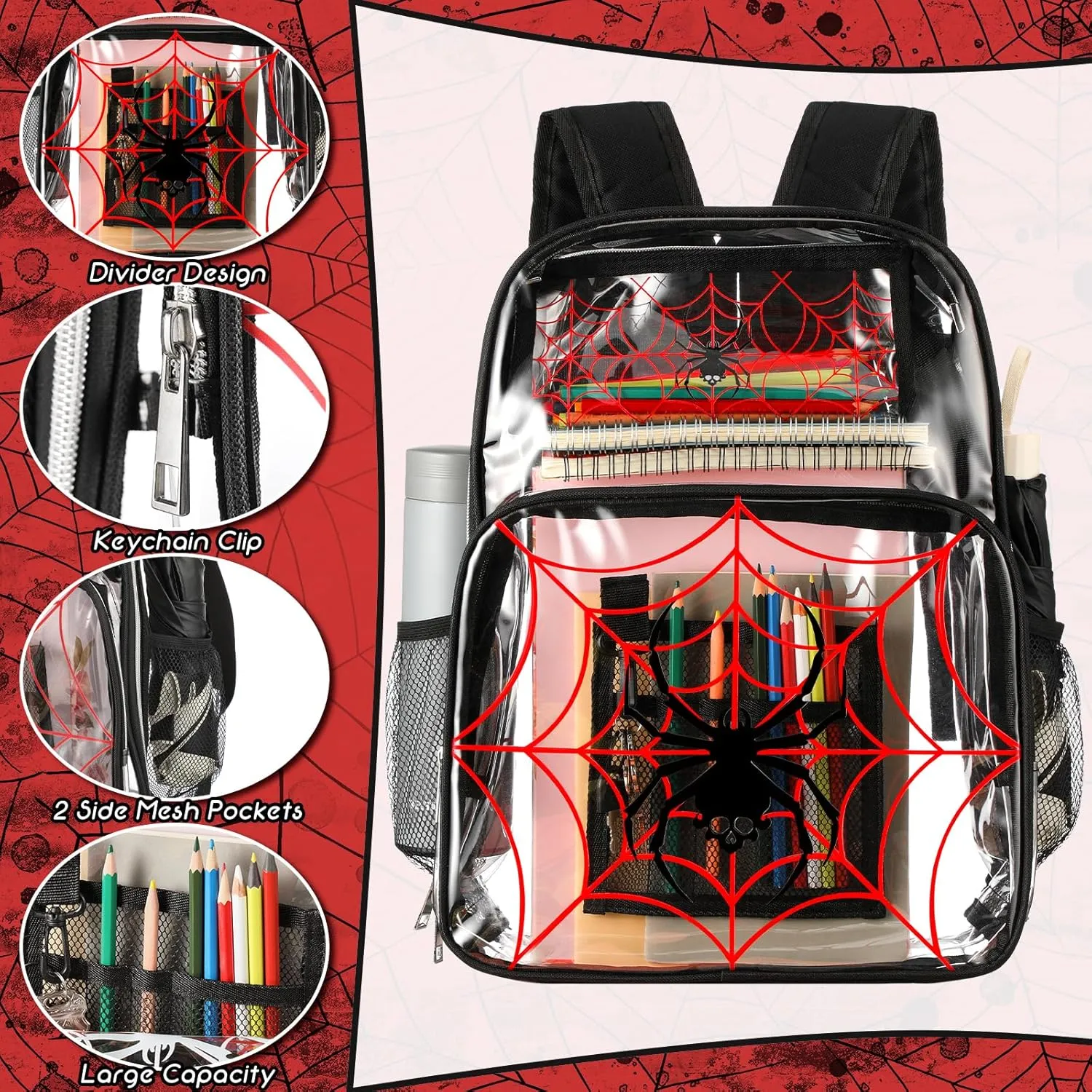 Paterr 3 Pcs Girls Boys Clear Backpack for Kid Rainbow Cloud Spider Architecture Ribbon Stadium Approved Backpack(Spider,Black)