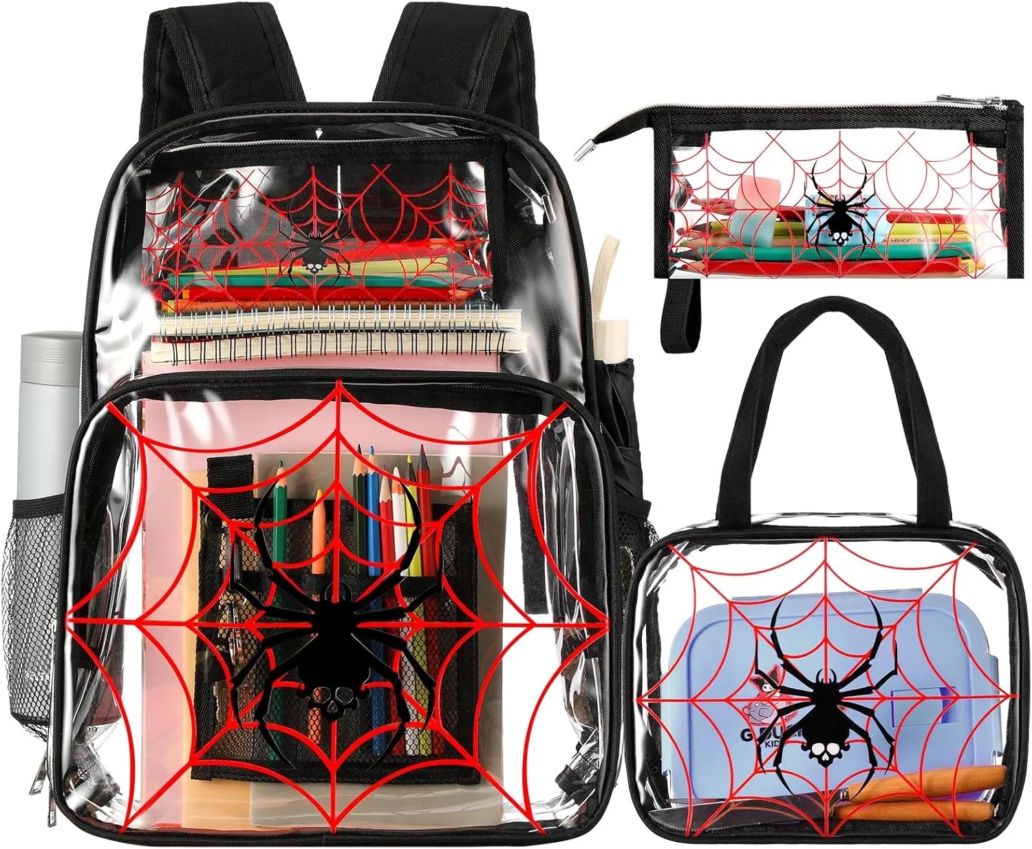 Paterr 3 Pcs Girls Boys Clear Backpack for Kid Rainbow Cloud Spider Architecture Ribbon Stadium Approved Backpack(Spider,Black)