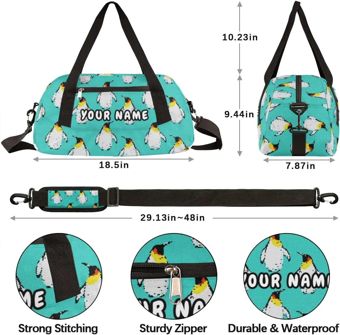 Penguin Animals Personalized Kids Duffel Bag for Girls Boys, Penguin Debris Custom Name Dance Bag Overnight Small Duffel Bag Carry On Weekend Sports Travel Bag for School Practice Gymnastics Ballet