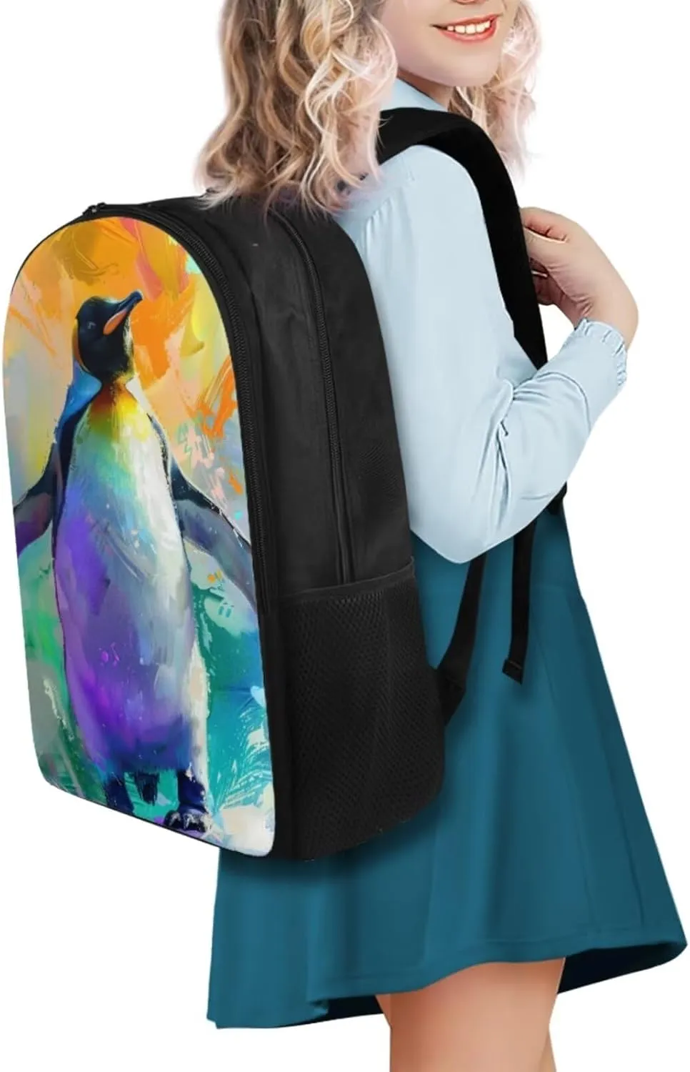 Penguins Print Backpack Lunchbox Set for Kids 6-8T Portable Fashion School Bag for Boys Waterproof and Oil Proof Food Bag and Mini Pencil Case for Elementary School