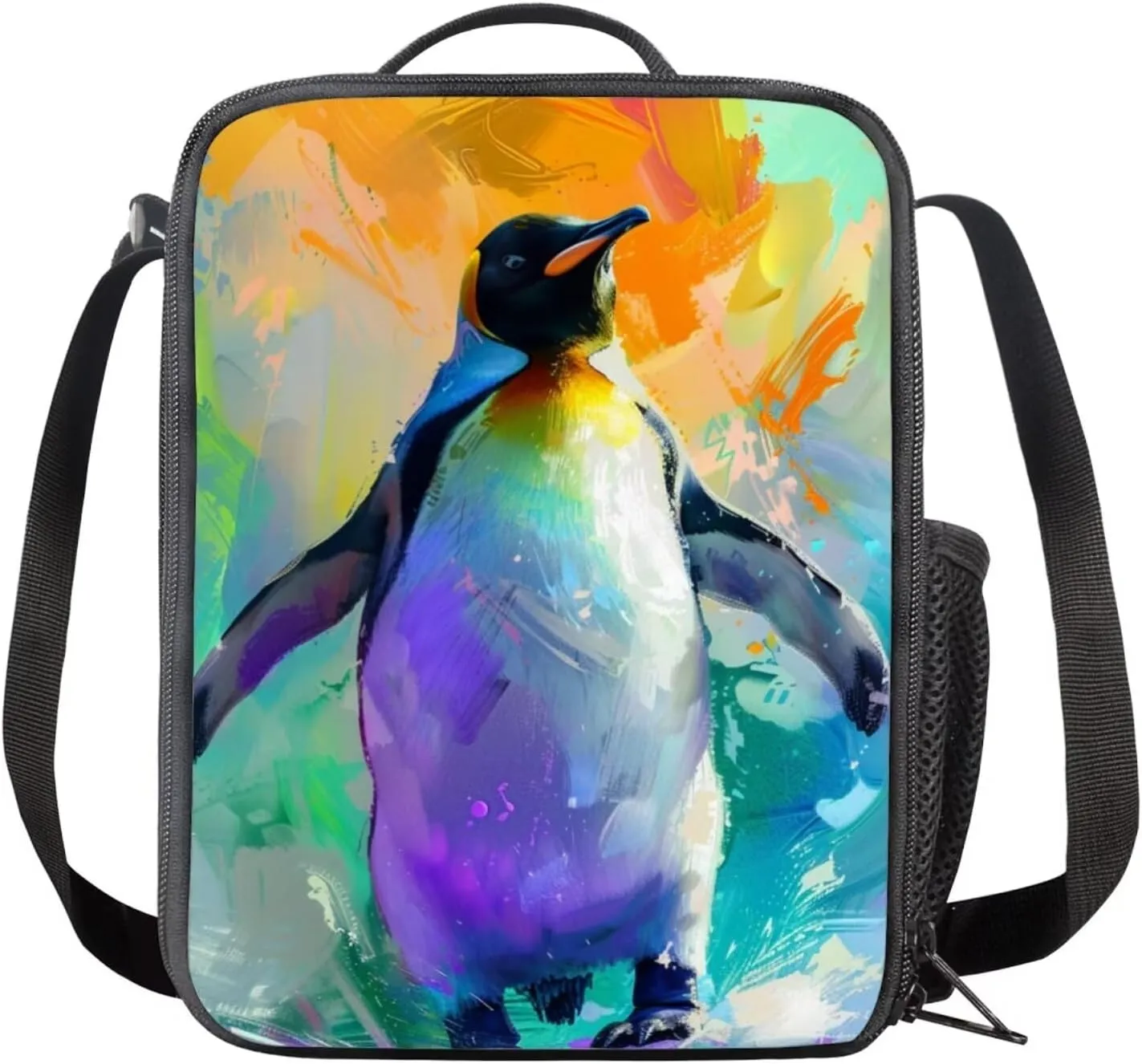 Penguins Print Backpack Lunchbox Set for Kids 6-8T Portable Fashion School Bag for Boys Waterproof and Oil Proof Food Bag and Mini Pencil Case for Elementary School