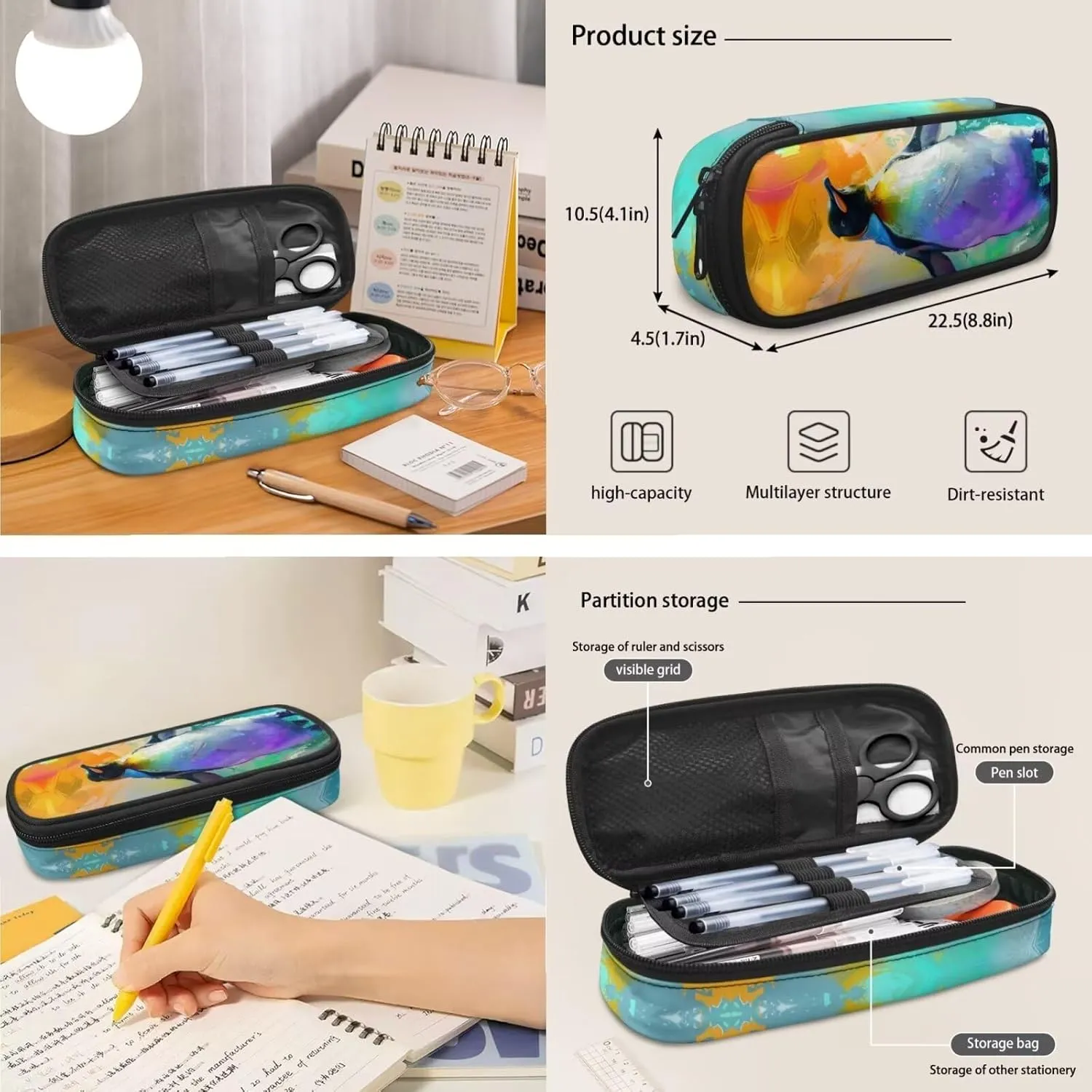 Penguins Print Backpack Lunchbox Set for Kids 6-8T Portable Fashion School Bag for Boys Waterproof and Oil Proof Food Bag and Mini Pencil Case for Elementary School