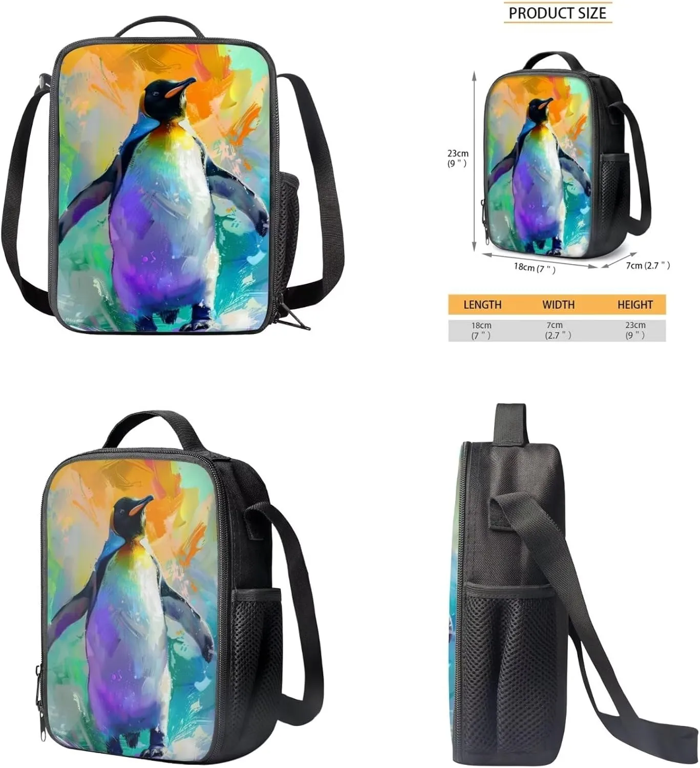 Penguins Print Backpack Lunchbox Set for Kids 6-8T Portable Fashion School Bag for Boys Waterproof and Oil Proof Food Bag and Mini Pencil Case for Elementary School