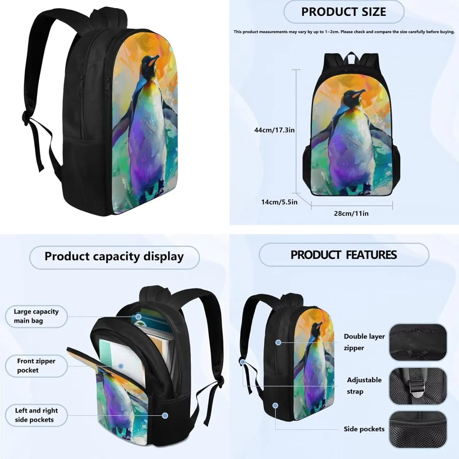 Penguins Print Backpack Lunchbox Set for Kids 6-8T Portable Fashion School Bag for Boys Waterproof and Oil Proof Food Bag and Mini Pencil Case for Elementary School