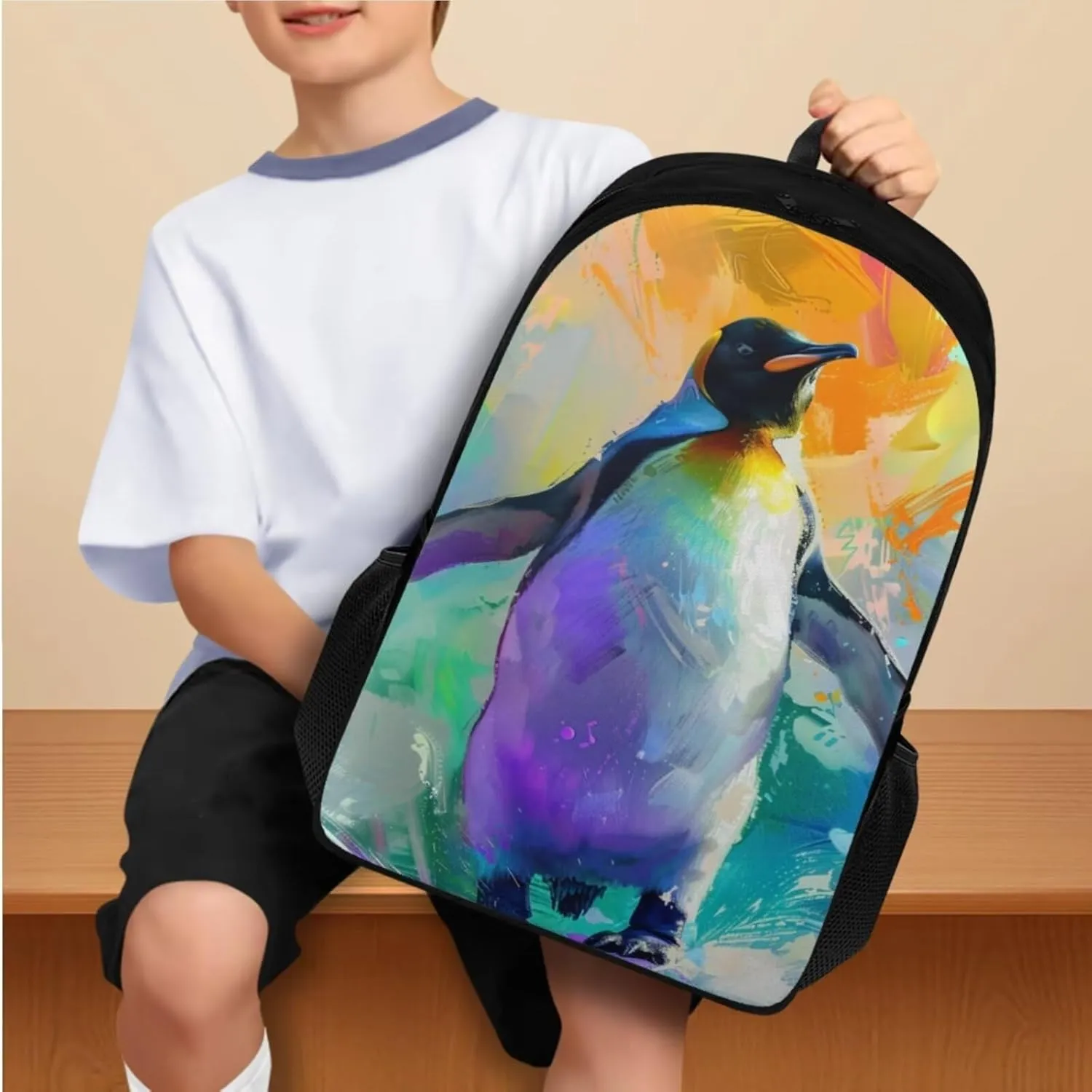 Penguins Print Backpack Lunchbox Set for Kids 6-8T Portable Fashion School Bag for Boys Waterproof and Oil Proof Food Bag and Mini Pencil Case for Elementary School