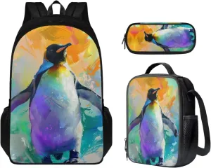 Penguins Print Backpack Lunchbox Set for Kids 6-8T Portable Fashion School Bag for Boys Waterproof and Oil Proof Food Bag and Mini Pencil Case for Elementary School