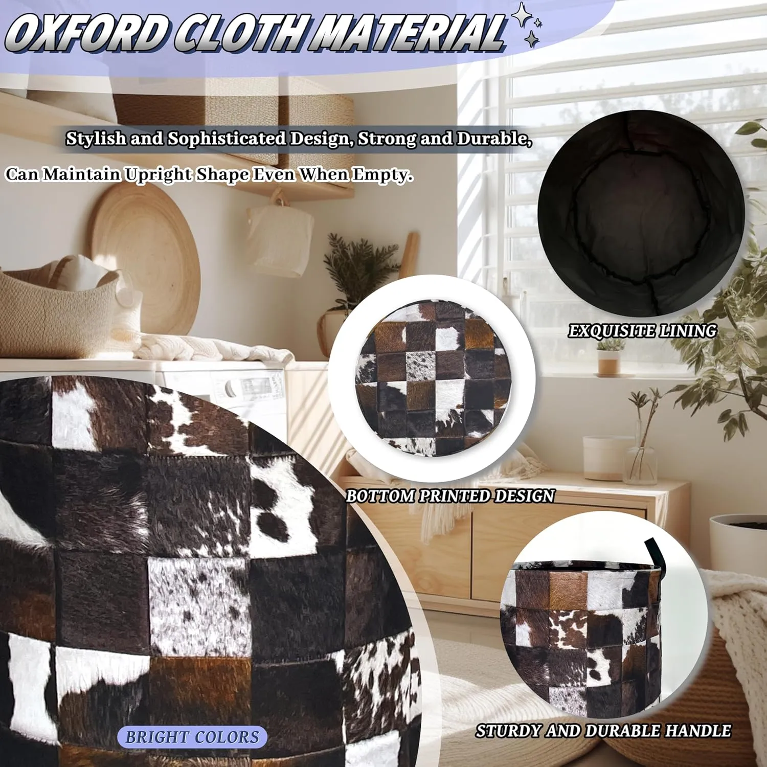 Personalise Cow Print Laundry Basket Oxford Cloth Animal Cowhide Laundry Hamper With Handle Foldable Portable Clothes Storage Basket Funny Laundry Bag 18.9"x16.5" For Laundry Room/Bedroom/Bathrooms