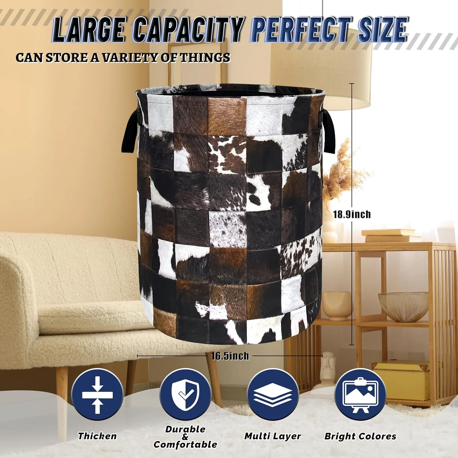 Personalise Cow Print Laundry Basket Oxford Cloth Animal Cowhide Laundry Hamper With Handle Foldable Portable Clothes Storage Basket Funny Laundry Bag 18.9"x16.5" For Laundry Room/Bedroom/Bathrooms