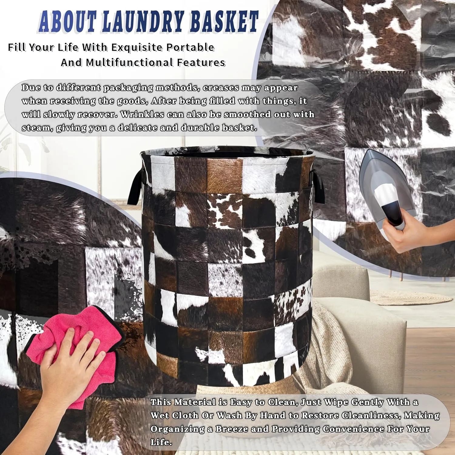 Personalise Cow Print Laundry Basket Oxford Cloth Animal Cowhide Laundry Hamper With Handle Foldable Portable Clothes Storage Basket Funny Laundry Bag 18.9"x16.5" For Laundry Room/Bedroom/Bathrooms