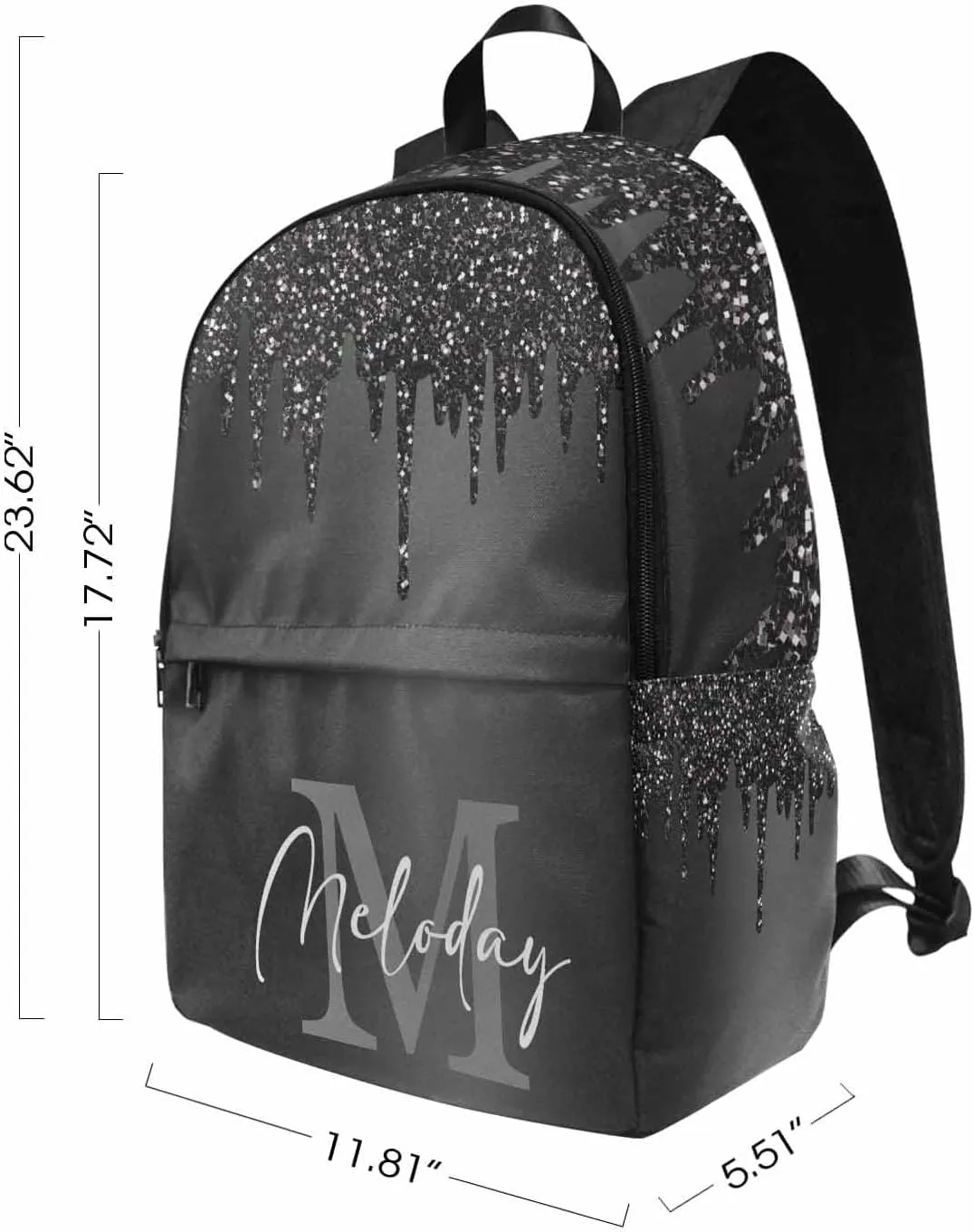 Personalized Casual Daypack School Bag with Name for Students Back School Gift, Custom Black Sparkle Drip Monogram Lunch Box Bag Backpack Shoulder Bag Book Bag Travel Knapsack for Men Women Hiking
