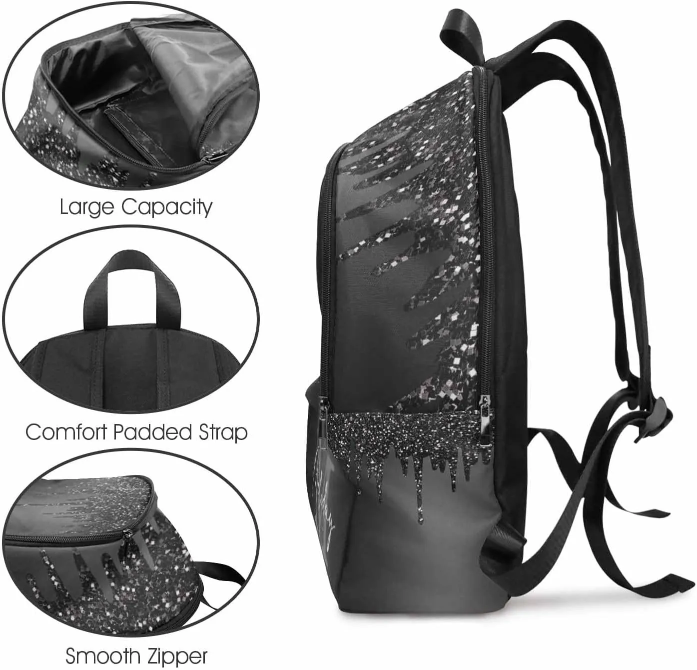 Personalized Casual Daypack School Bag with Name for Students Back School Gift, Custom Black Sparkle Drip Monogram Lunch Box Bag Backpack Shoulder Bag Book Bag Travel Knapsack for Men Women Hiking