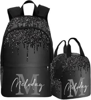 Personalized Casual Daypack School Bag with Name for Students Back School Gift, Custom Black Sparkle Drip Monogram Lunch Box Bag Backpack Shoulder Bag Book Bag Travel Knapsack for Men Women Hiking