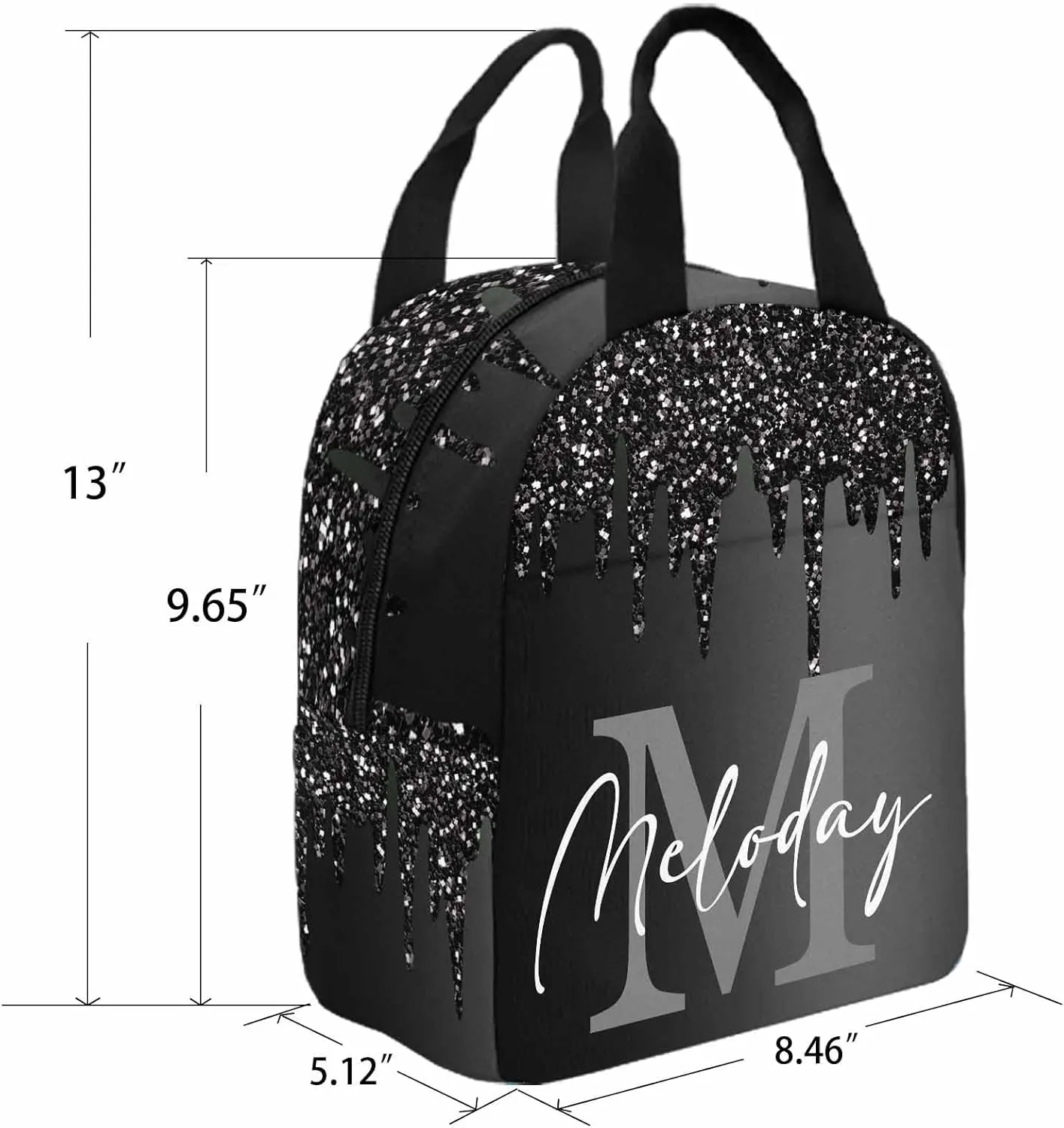 Personalized Casual Daypack School Bag with Name for Students Back School Gift, Custom Black Sparkle Drip Monogram Lunch Box Bag Backpack Shoulder Bag Book Bag Travel Knapsack for Men Women Hiking