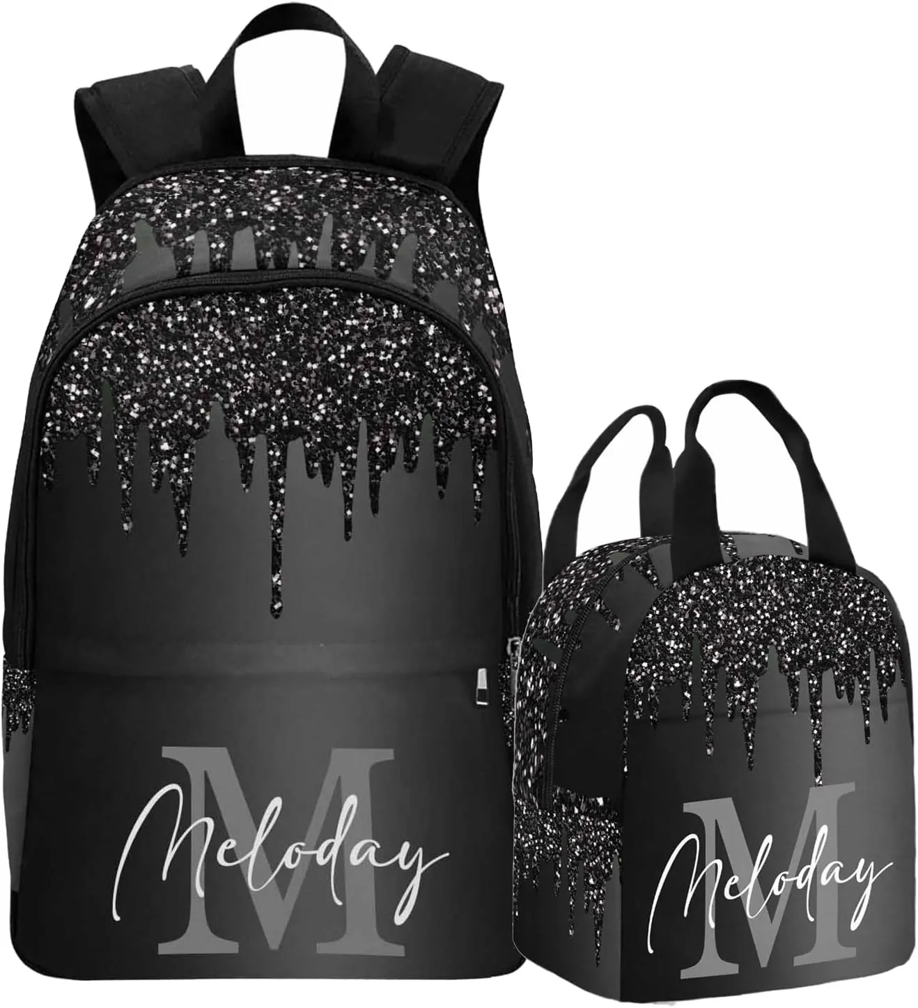 Personalized Casual Daypack School Bag with Name for Students Back School Gift, Custom Black Sparkle Drip Monogram Lunch Box Bag Backpack Shoulder Bag Book Bag Travel Knapsack for Men Women Hiking