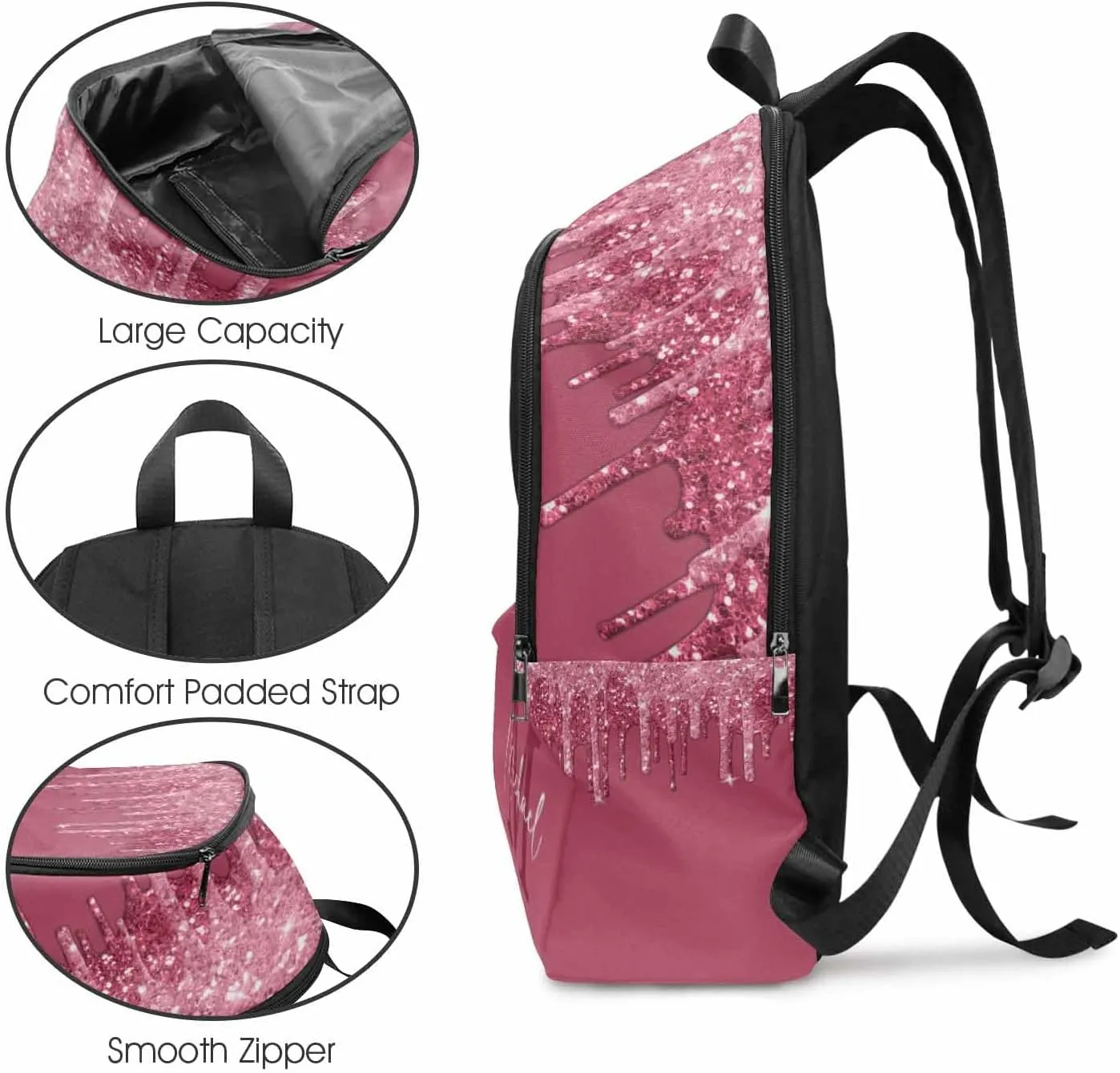 Personalized Casual Daypack School Bag with Name for Students Back School Gift, Custom Red Shinning Glitter with Initial Logo Backpack Shoulder Bag Book Bag Travel Knapsack for Adults Hiking Travel