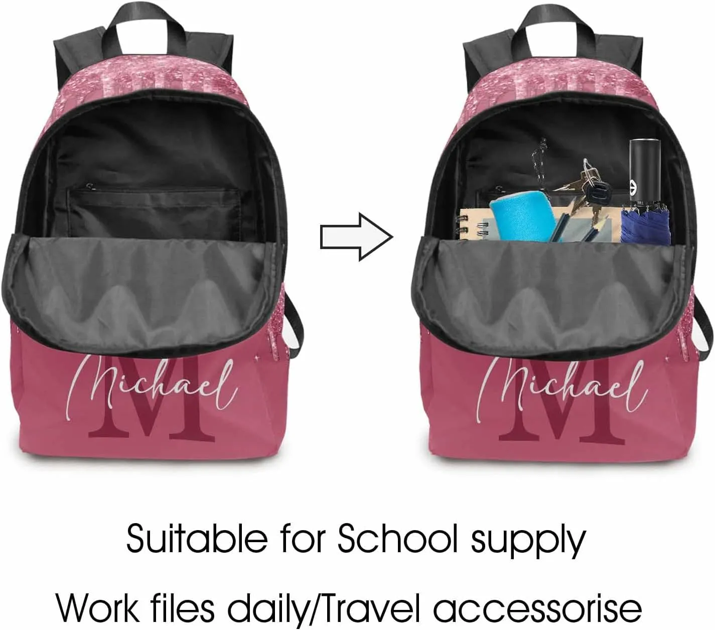 Personalized Casual Daypack School Bag with Name for Students Back School Gift, Custom Red Shinning Glitter with Initial Logo Backpack Shoulder Bag Book Bag Travel Knapsack for Adults Hiking Travel