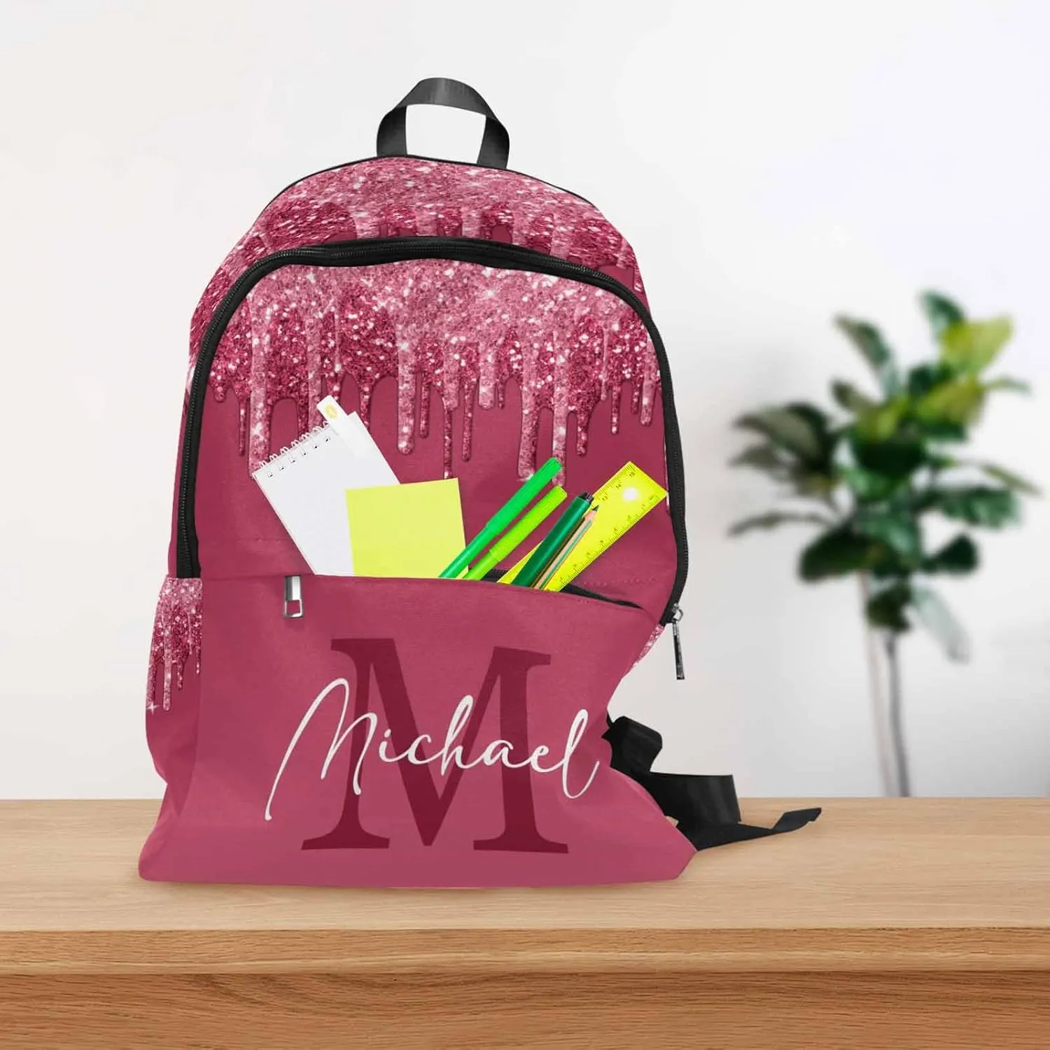 Personalized Casual Daypack School Bag with Name for Students Back School Gift, Custom Red Shinning Glitter with Initial Logo Backpack Shoulder Bag Book Bag Travel Knapsack for Adults Hiking Travel