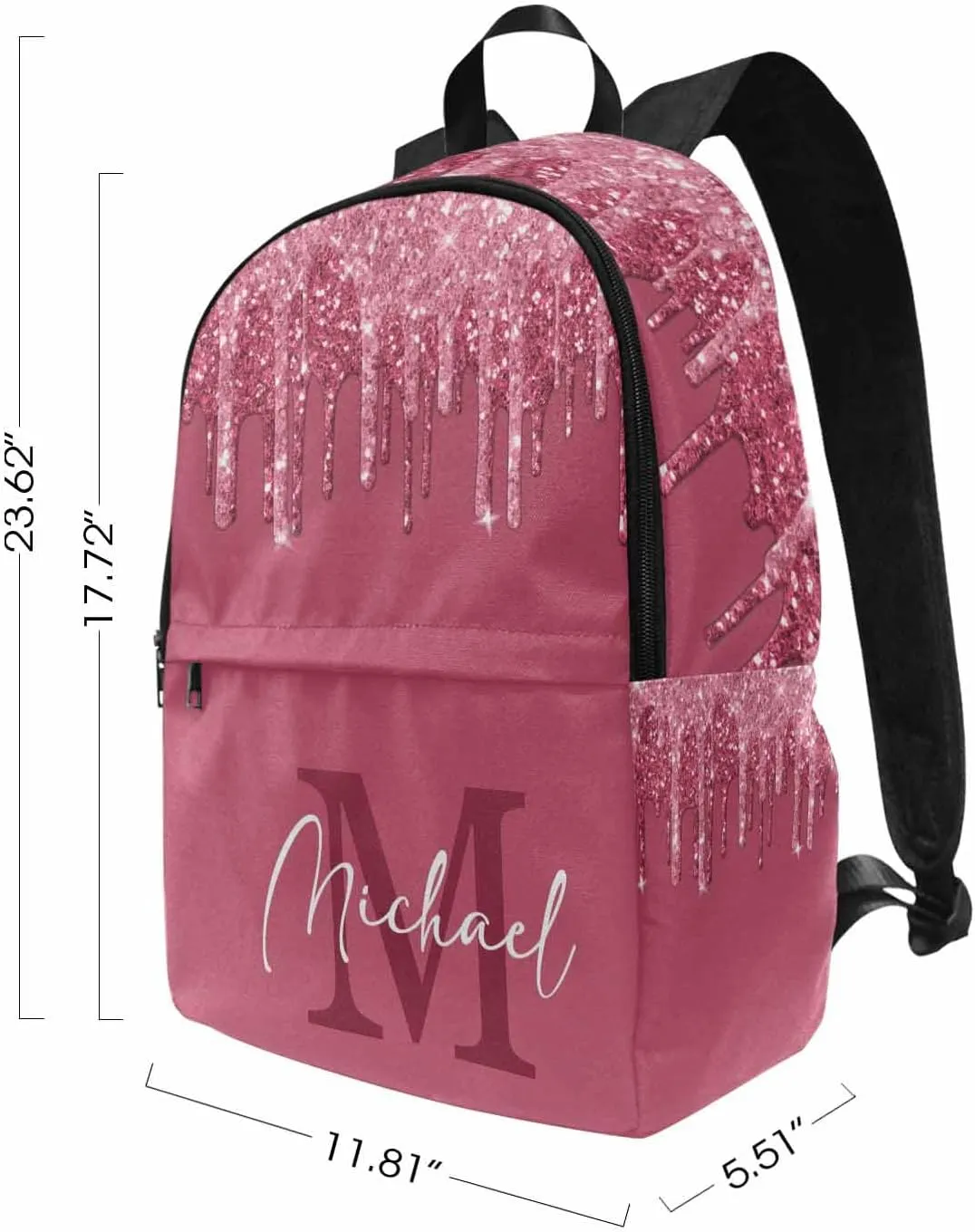 Personalized Casual Daypack School Bag with Name for Students Back School Gift, Custom Red Shinning Glitter with Initial Logo Backpack Shoulder Bag Book Bag Travel Knapsack for Adults Hiking Travel