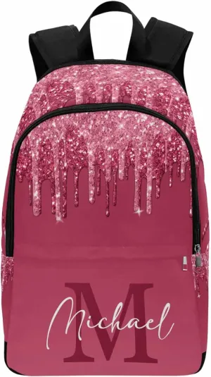 Personalized Casual Daypack School Bag with Name for Students Back School Gift, Custom Red Shinning Glitter with Initial Logo Backpack Shoulder Bag Book Bag Travel Knapsack for Adults Hiking Travel