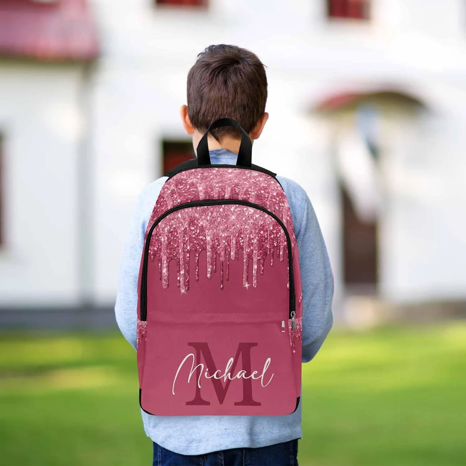 Personalized Casual Daypack School Bag with Name for Students Back School Gift, Custom Red Shinning Glitter with Initial Logo Backpack Shoulder Bag Book Bag Travel Knapsack for Adults Hiking Travel