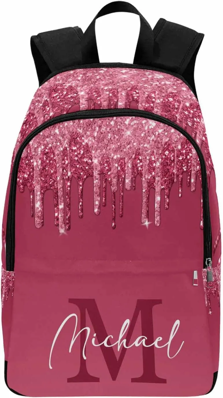 Personalized Casual Daypack School Bag with Name for Students Back School Gift, Custom Red Shinning Glitter with Initial Logo Backpack Shoulder Bag Book Bag Travel Knapsack for Adults Hiking Travel