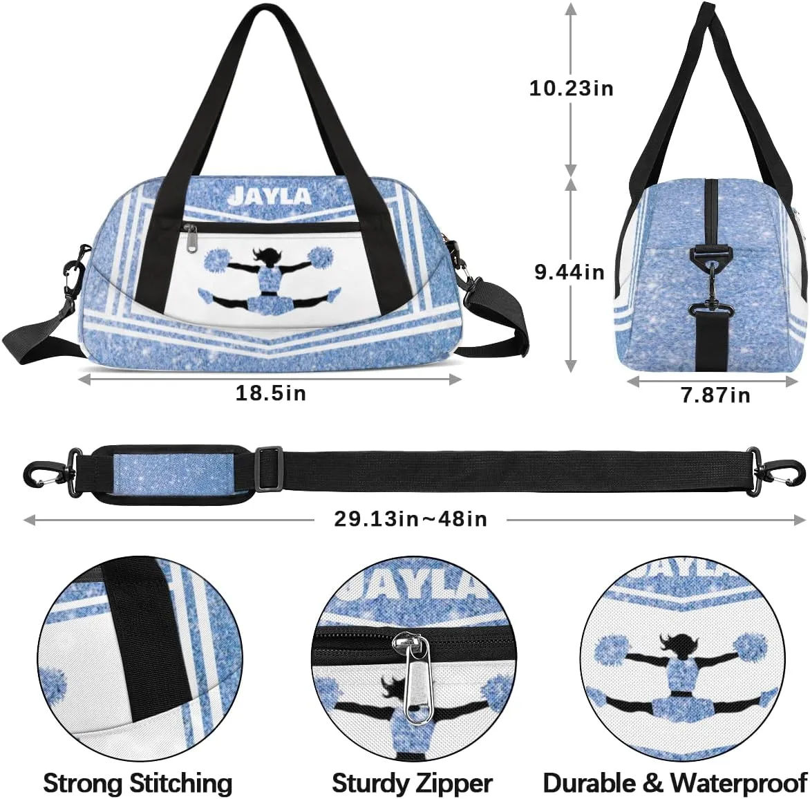 Personalized Cheerleader Bag for Girls Kids, Custom Dance Bag Overnight Small Duffel Bag Carry On Weekend Sports Travel Bag for School Practice Gymnastics Ballet, Cheer Blue Glitter 2
