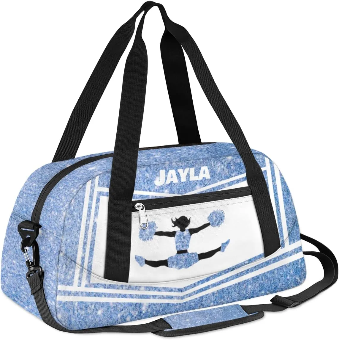 Personalized Cheerleader Bag for Girls Kids, Custom Dance Bag Overnight Small Duffel Bag Carry On Weekend Sports Travel Bag for School Practice Gymnastics Ballet, Cheer Blue Glitter 2