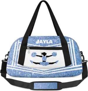 Personalized Cheerleader Bag for Girls Kids, Custom Dance Bag Overnight Small Duffel Bag Carry On Weekend Sports Travel Bag for School Practice Gymnastics Ballet, Cheer Blue Glitter 2
