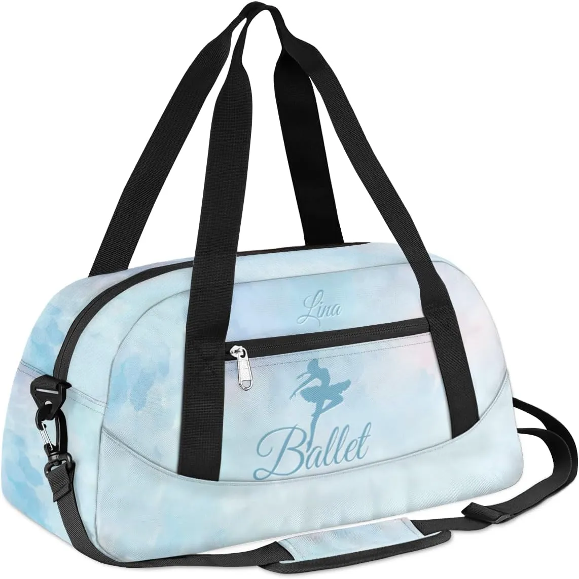 Personalized Dance Bag for Girls Kids, Custom Gym Bag Overnight Small Duffel Bag Carry On Weekend Sports Travel Bag for School Practice Gymnastics Ballet, Colorful Blue Ballerinas