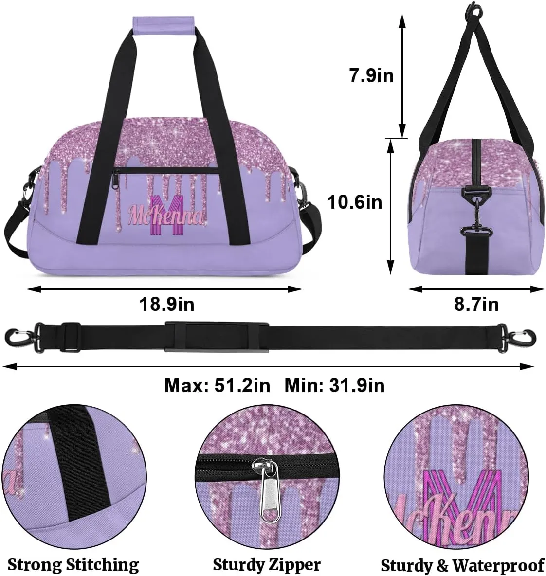 Personalized Dance Gym Bag, Custom Sport Duffel Bag Large Compartment Cheerleaders Dance Bag Weekender Bags Travel Bag, Watercolor Light Pink Glitter with Light Purple Background