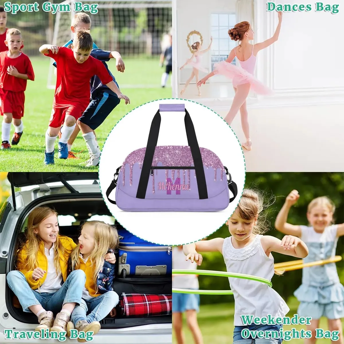 Personalized Dance Gym Bag, Custom Sport Duffel Bag Large Compartment Cheerleaders Dance Bag Weekender Bags Travel Bag, Watercolor Light Pink Glitter with Light Purple Background