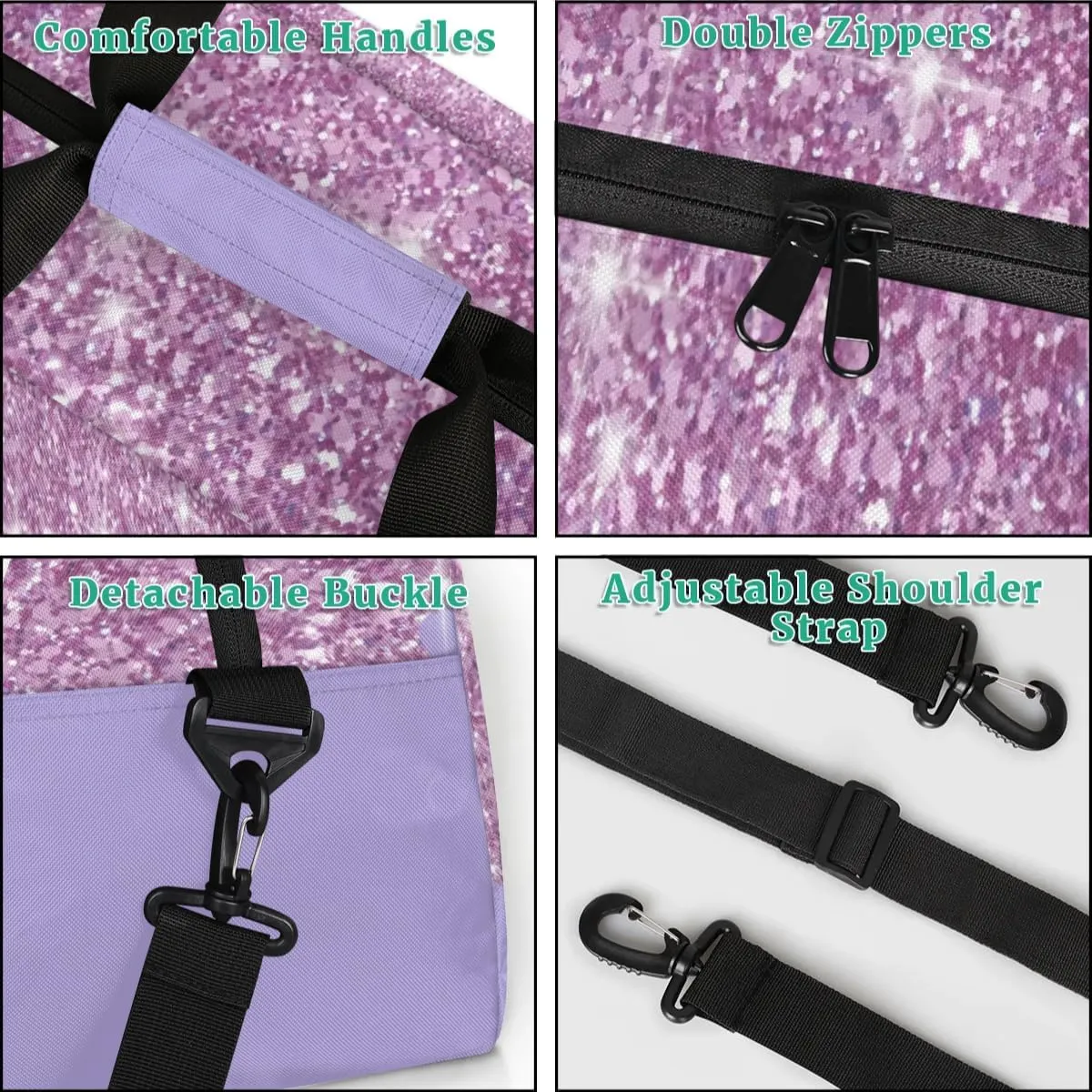 Personalized Dance Gym Bag, Custom Sport Duffel Bag Large Compartment Cheerleaders Dance Bag Weekender Bags Travel Bag, Watercolor Light Pink Glitter with Light Purple Background