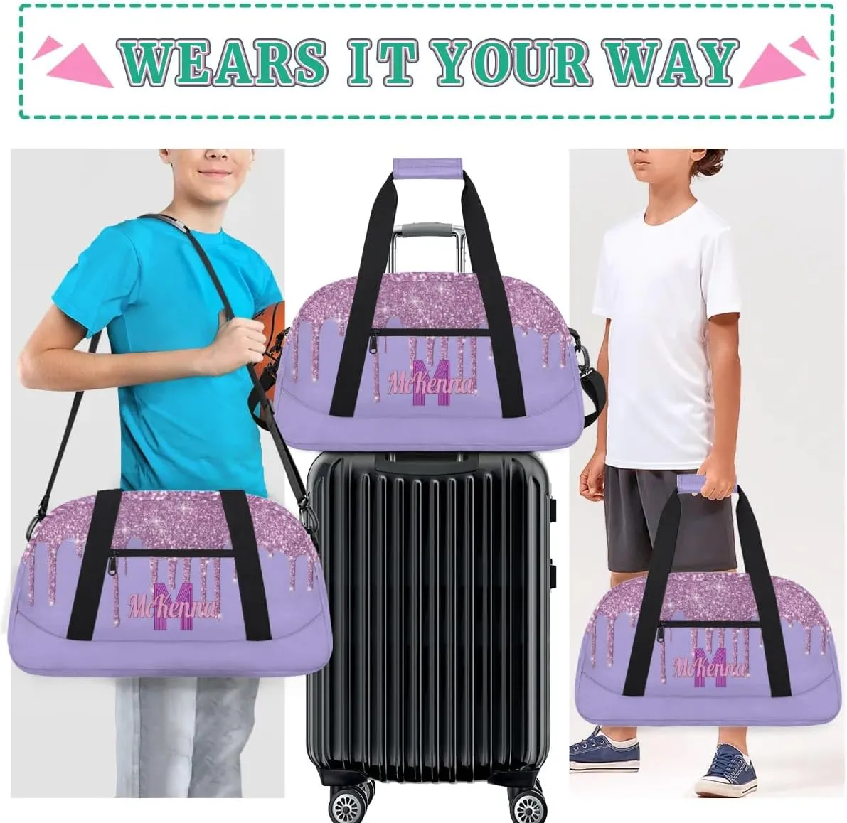 Personalized Dance Gym Bag, Custom Sport Duffel Bag Large Compartment Cheerleaders Dance Bag Weekender Bags Travel Bag, Watercolor Light Pink Glitter with Light Purple Background
