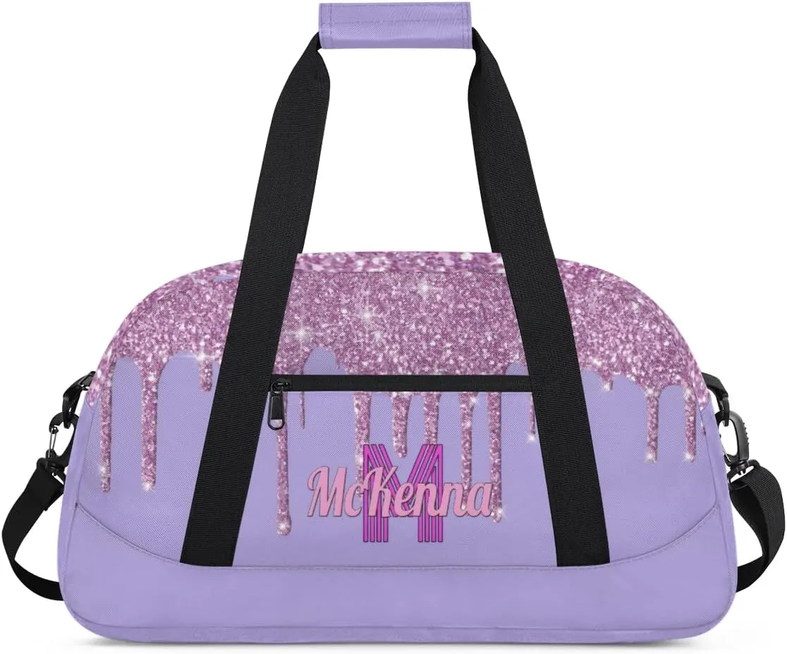 Personalized Dance Gym Bag, Custom Sport Duffel Bag Large Compartment Cheerleaders Dance Bag Weekender Bags Travel Bag, Watercolor Light Pink Glitter with Light Purple Background