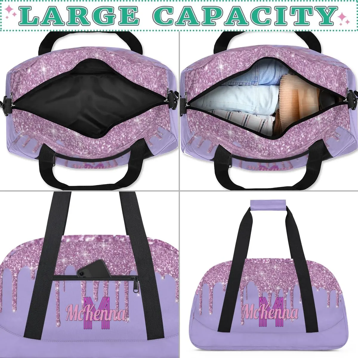 Personalized Dance Gym Bag, Custom Sport Duffel Bag Large Compartment Cheerleaders Dance Bag Weekender Bags Travel Bag, Watercolor Light Pink Glitter with Light Purple Background