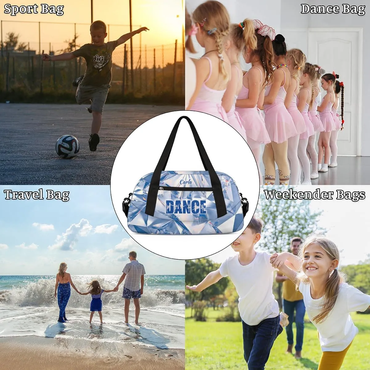 Personalized Gym Bag for Girls Teens, Custom Dance Bag Overnight Small Duffel Bag Carry On Weekend Sports Travel Bag for School Practice Gymnastics Ballet, Blue Diamonds