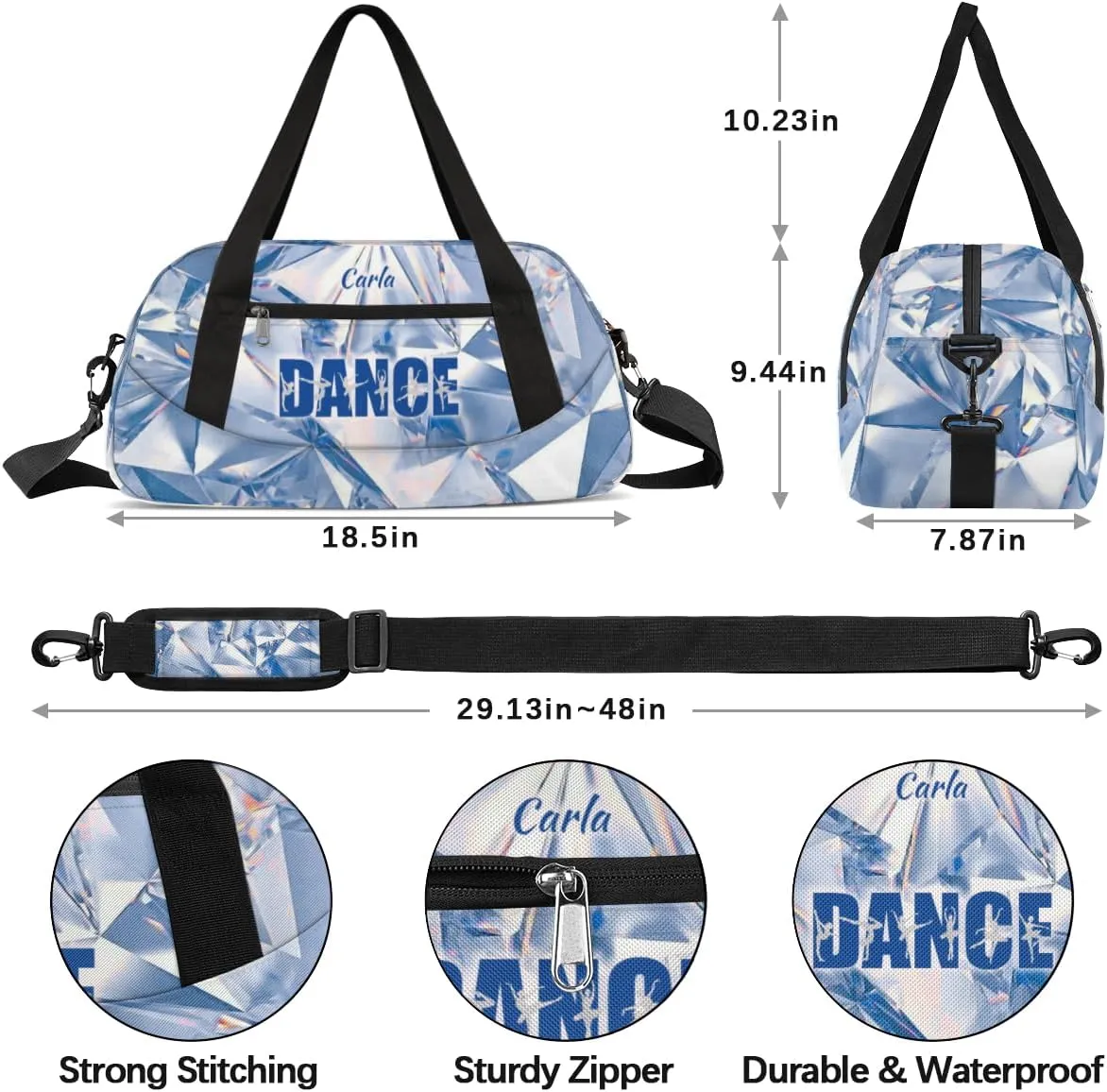 Personalized Gym Bag for Girls Teens, Custom Dance Bag Overnight Small Duffel Bag Carry On Weekend Sports Travel Bag for School Practice Gymnastics Ballet, Blue Diamonds