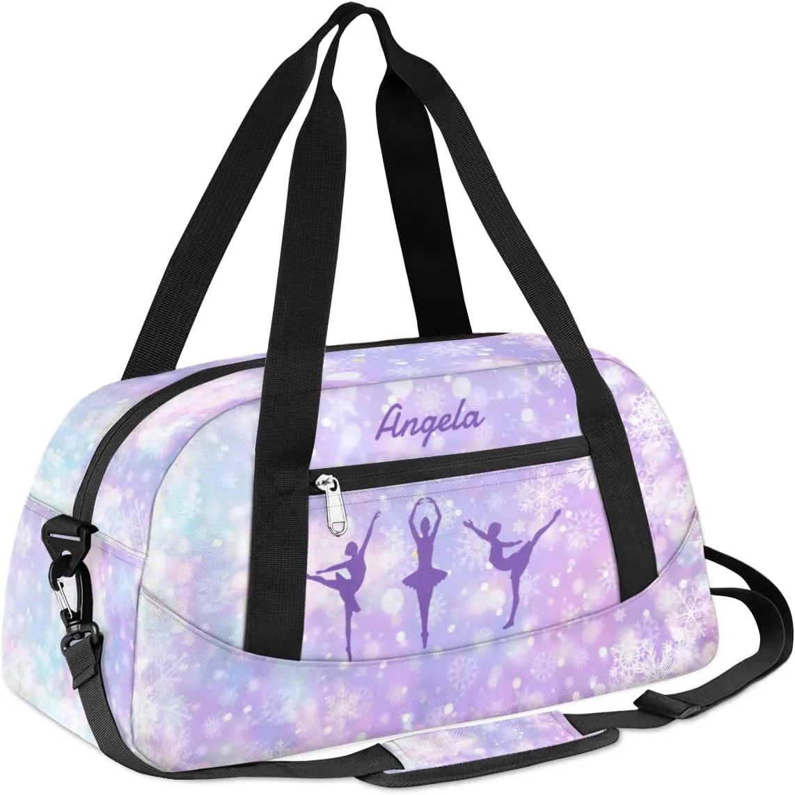 Personalized Gym Bag for Girls Teens, Custom Dance Bag Overnight Small Duffel Bag Carry On Weekend Sports Travel Bag for School Practice Gymnastics Ballet, Brilliant Snowflakes