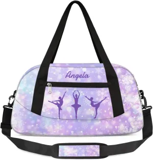 Personalized Gym Bag for Girls Teens, Custom Dance Bag Overnight Small Duffel Bag Carry On Weekend Sports Travel Bag for School Practice Gymnastics Ballet, Brilliant Snowflakes
