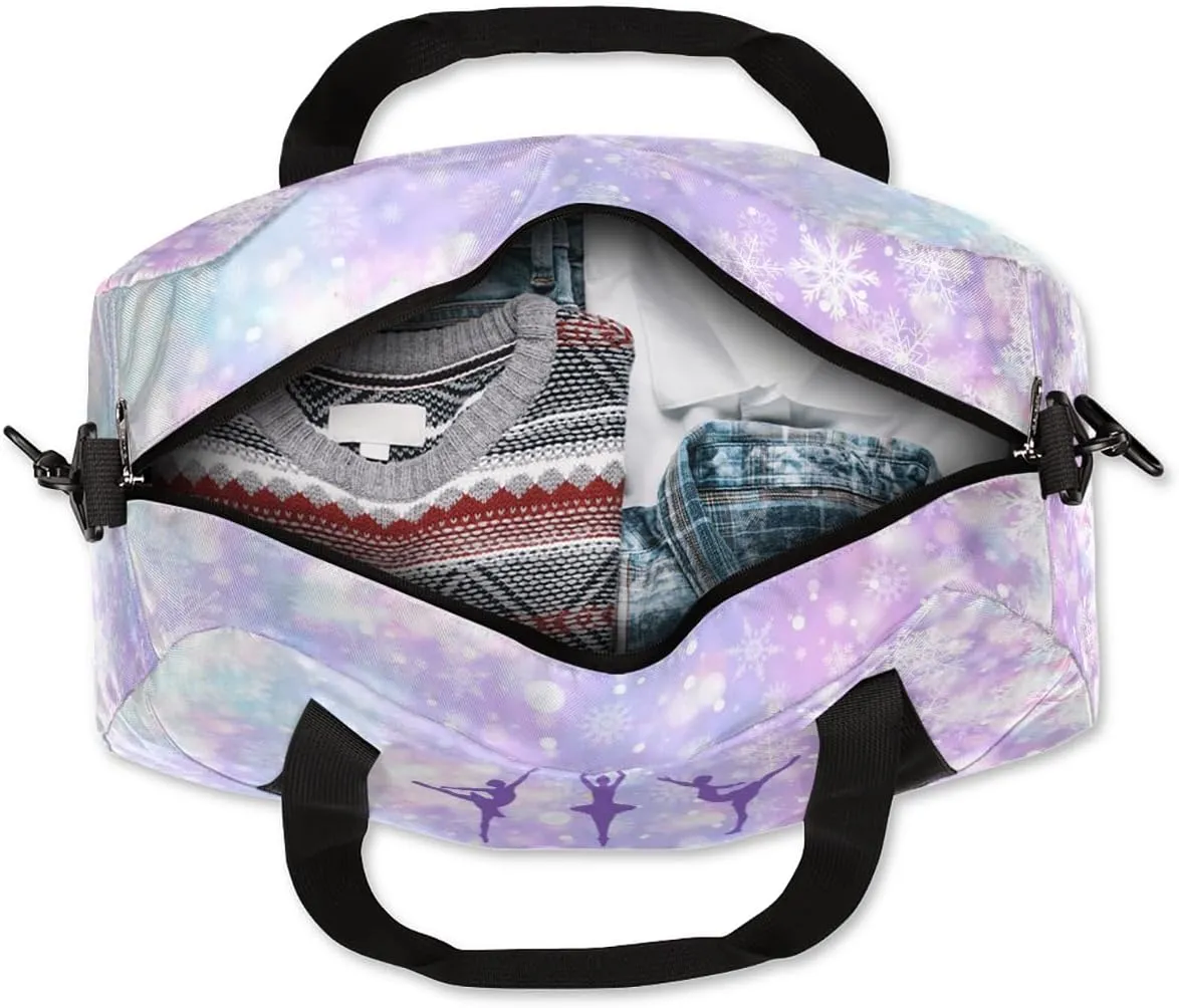Personalized Gym Bag for Girls Teens, Custom Dance Bag Overnight Small Duffel Bag Carry On Weekend Sports Travel Bag for School Practice Gymnastics Ballet, Brilliant Snowflakes