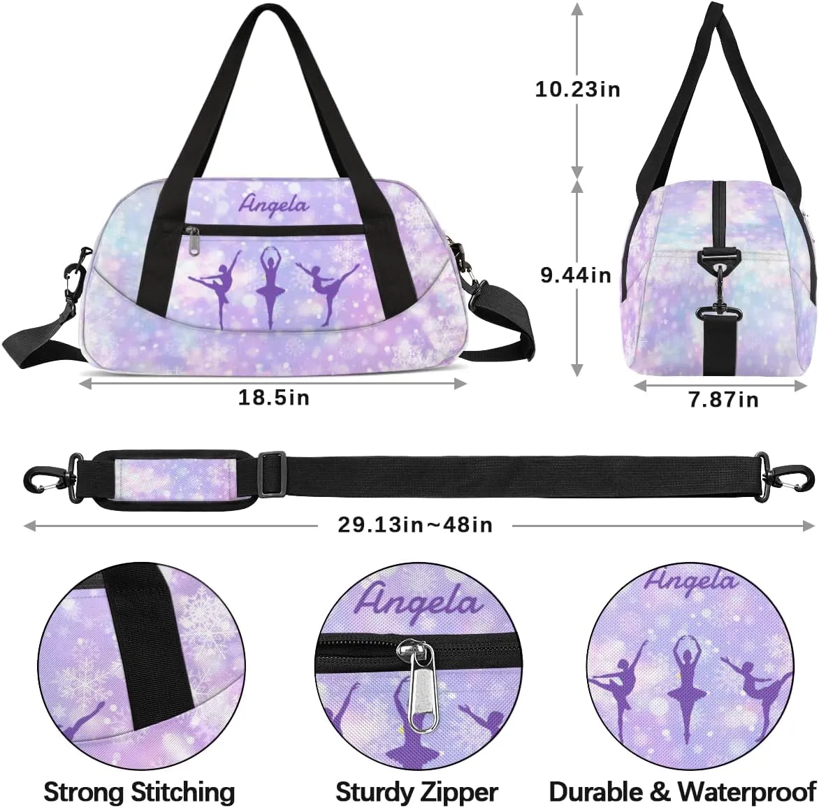 Personalized Gym Bag for Girls Teens, Custom Dance Bag Overnight Small Duffel Bag Carry On Weekend Sports Travel Bag for School Practice Gymnastics Ballet, Brilliant Snowflakes